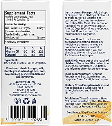 Zane Hellas 190 mg Oregano Oil-164 mg Carvacrol per Serving-4 Drops Daily. 100% Greek Undiluted Oil of Oregano. 86%-90% Min Carvacrol. Probably The Best Oregano Oil in The World. 0.5 fl. oz.- 15ml.