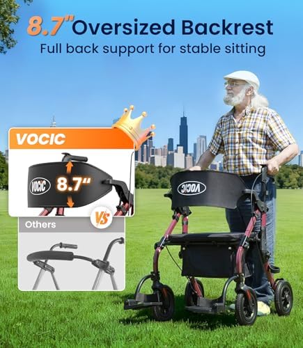 VOCIC Walkers for Seniors Z59, 2 in 1 Walker Wheelchair Combo, 400 LBS Weight Capacity, 10" All Terrain Rollator with Extra Wide Seat & Backrest, Heavy Duty Rollator with Cup Holder