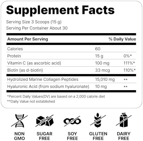 Marine Collagen Peptides - Hydrolyzed Ultra-fine Collagen Powder for Women & Men, Hyaluronic Acid, Biotin, Vitamin C, for Skin, Hair, Nails, Joints, Non-GMO, Unflavored, Easily Dissolved, 16oz