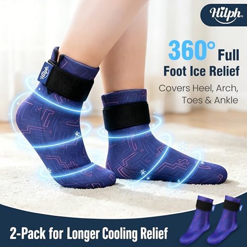 Hilph Full Foot Ice Pack Gel Sock for Hot & Cold Therapy - Reusable Cooling Sock for Toe Pain, Plantar Fasciitis & Hot Feet - Easy Slip On Design for Chemotherapy, Postpartum Recovery, 1 Pair, Blue