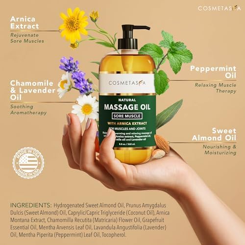 Cosmetasa Massage Oil for Sore Muscle Massage Therapy with Roller - All Natural, Cruelty-Free Massage Oils for Muscle Relaxing & Joint Comfort - Arnica Extract with Lavender & Chamomile Oil (8.8 oz)