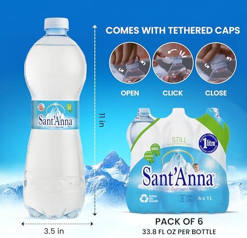 Sant'Anna Still Mineral Water, 33.8 Fl Oz (6-Pack) | Pure Italian Alps Mountain-Fresh Drinking Water | Natural Functional Drink | Sodium-Free Mineral in BPA-Free Bottles