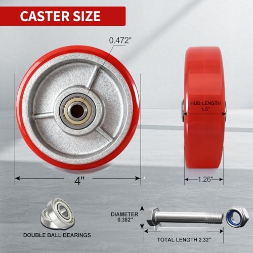4 Inch Caster Wheels, Polyurethane on Cast Iron Wheel (Set of 4)- Heavy Duty Caster Wheels with 2000 lb Capacity, Industrial Casters Wheels for Cart Furniture Workbench