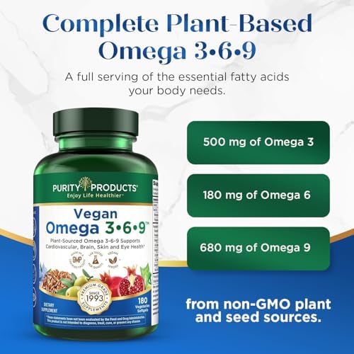 Purity Products Vegan Omega 3 6 9 Formula - “5 in 1” Essential Fatty Acid Complex - Scientifically Formulated Plant-Based Vegan Omega 3-6-9 Essential Fatty Acids (EFA) - 3 Month Supply - 180 Softgels