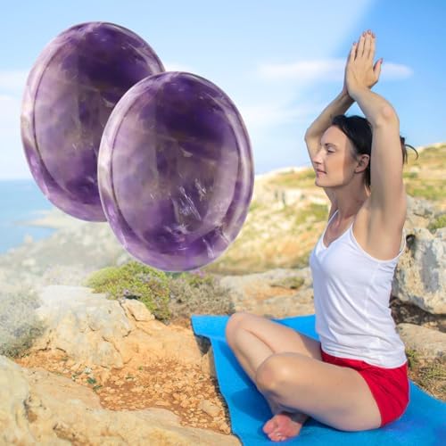 2PCS Thumb Worry Stone Natural Chakra Crystals Healing Stones Energy Stone for Anxiety, Stress, Calm Stripe Meditation (Amethyst)