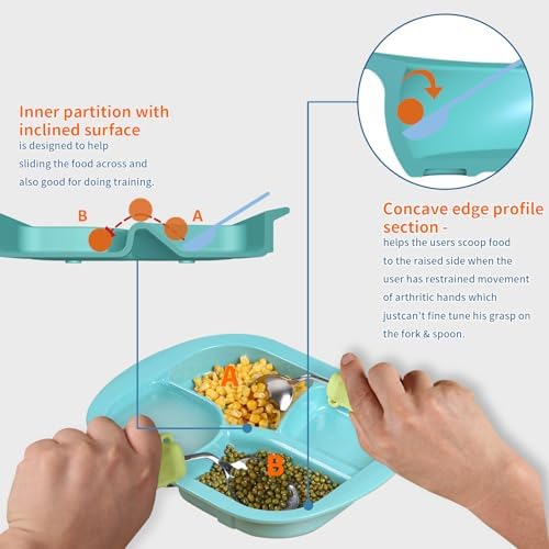 EZ Assistive Adaptive Scoop Divided Plates with Extra Wall,Spill-Proof Eating Aid for Parkensons, Elderly, Non-Slip Assistance Dinner Plate (Melamine 4-Compartment Dinner plate)