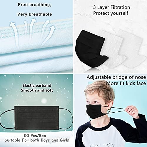 Kids Disposable Face Mask 50 Pack Ages 5-12 Filter 3-Layer Safety Face Masks for Kids Daily Use.All Metal Nose Clips(Black)