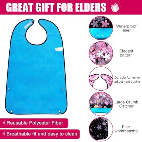 Adult Bibs,3 Packs Cherry Blossom Adult Bibs for Women Eating Washable with Crumb Catcher (Black Pink 3 pack)