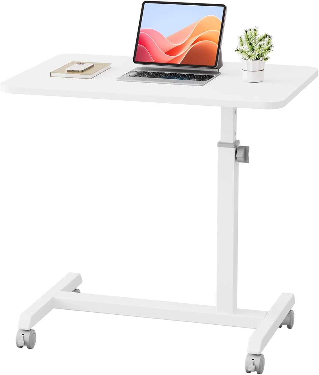 GTPLAYER Mobile Small Standing Desk, Sit Stand Portable Rolling Laptop Desk with Lockable Wheels, Adjustable Height Overbed Bedside Table Computer Workstations, White