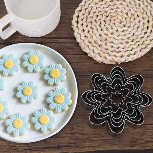 6pcs Metal Daisy Floral Cookie Cutters Set, Stainless Steel Five Petal Flower Shaped Summer Biscuit Shaper Molds Stamp Tool for Baking Fondant Sandwich Making Cake(Style A)