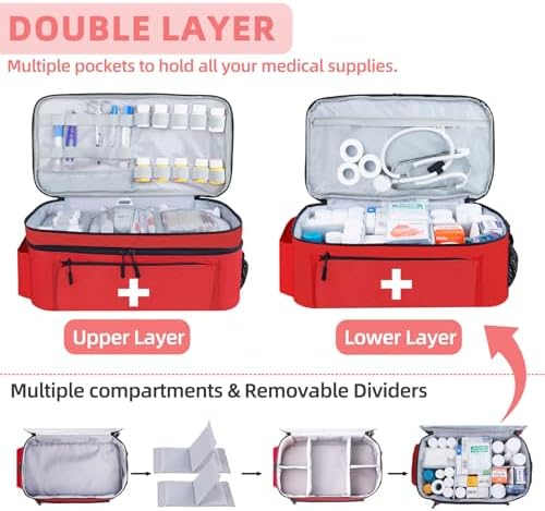 ALSLEA First Aid Bag Empty Large 2 Layer Medical Bag with Shoulder Strap 16”x 9½” x 7” Medicine Organizer Box Travel First Aid kit Emergency Supplies Storage Bag for Car, Home, Office, Outdoor (Red)