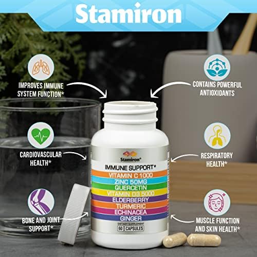 8 in 1 Immune Support with Quercetin Zinc 50mg Vitamin C 1000mg Vitamin D3 5000 IU and Elderberry Echinacea Ginger for Adults Kids - VIT D Supplement Veg Capsules