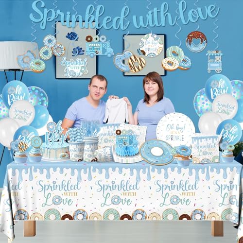Baby Sprinkle Decorations for Boy,Blue Sprinkled with Love Party Plate,Napkin,Cup,Cake Topper Donut Baby Shower Decorations for Baby Boy Sprinkle Party Supplies Serves 24