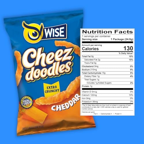 Wise Snacks Cheez Doodles Baked Puffs, Real Cheddar Cheese Extra Crunchy, Individual Snack Size Bags, School and Halloween Snacks for Kids, Gluten Free, 0g Trans Fat, No Preservatives, 0.875 Ounce (42 Count)