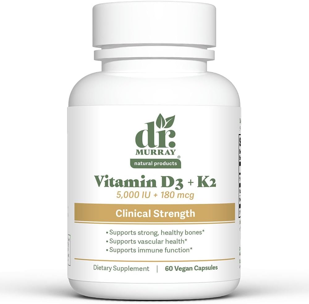 Dr. Murray's Vitamin D3-K2 Dietary Supplement - 60 Vegan Capsules | Naturally Sourced Ingredients | Daily Wellness Support | Non-GMO | Third-Party Tested for Purity and Potency