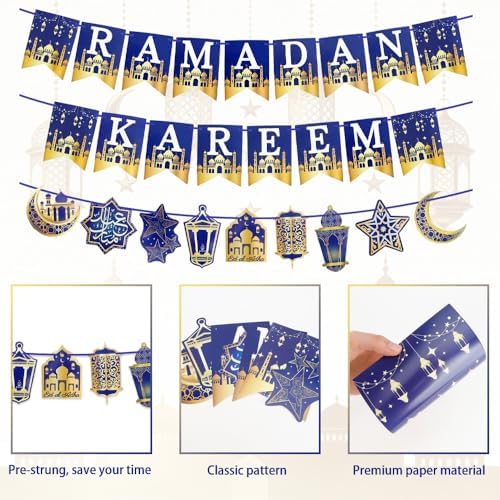 Ramadan Kareem Banner, Eid Mubarak Ramadan Decorations for Home, 3 In 1 Pre-Strung Eid Mubarak Banner, Purple Moon Star Islamic Muslim Banners for Eid Mubarak Ramadan Party Decoration Supplies