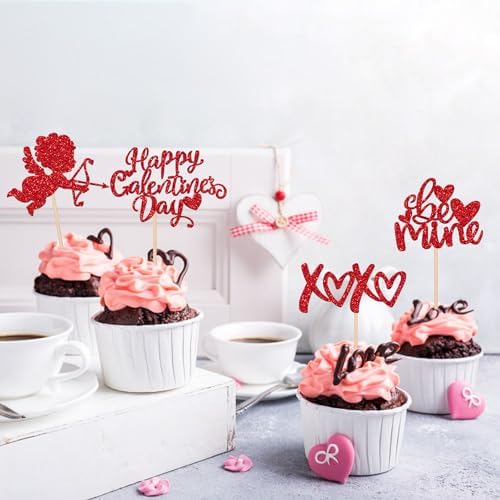 Rsstarxi 24 Pack Happy Galentine's Day Cupcake Toppers Glitter Be Mine Cupid XOXO Valentines Day Cupcake Picks Decoration for Valentine's Day Wedding Bridal Shower Party Cake Decorations Red