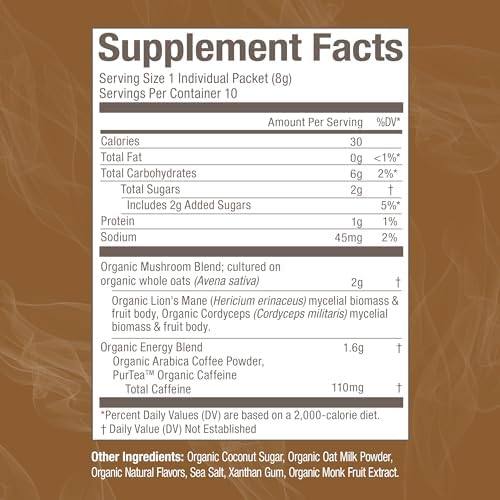 OM MUSHROOM SUPERFOOD Coffee Latte Blend – Functional Mushroom Powder with Lion’s Mane, Cordyceps, Reishi & Chaga – Energy, Focus & Mental Clarity Support – Single Serve Packets (10 Count)