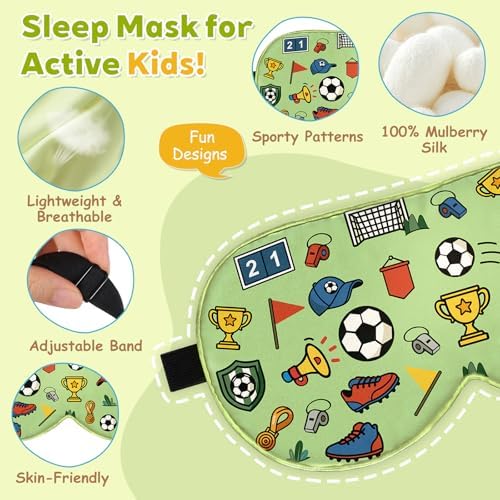 Kids Silk Sleep Mask – 100% Mulberry Silk Eye Cover, Kid Eye Mask with Adjustable Strap, Soft & Breathable Blackout Sleeping Mask for Boys and Girls Ages 5-15 (Soccer Ball Print)