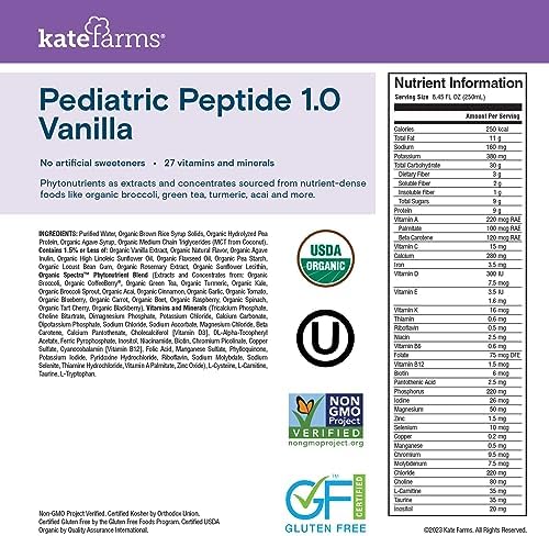 KATE FARMS Organic Pediatric Peptide 1.0 Formula, Vanilla, Sole-Source Hydrolyzed Plant-Based Nutrition for Oral or Tube Feeding, 8.45 oz (12 pack)