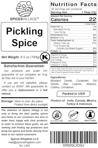 SPICES VILLAGE Pickling Spices for Corned Beef, Pickling Spices Mix for Pickles and Canning, 6.5oz, Pickling Seasoning Blend Kit - Kosher, Gluten Free, Non GMO, Resealable Bulk Bag