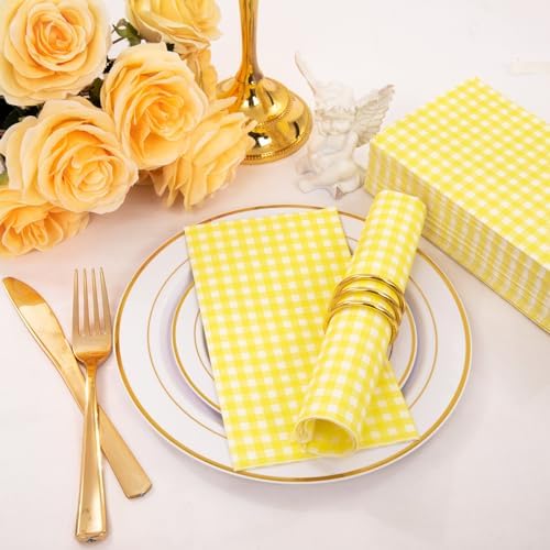WDF 150Pack Yellow Checkered Napkins - 3 Ply Disposable Yellow and White Gingham Napkins, Dinner Napkins Paper for Picnic BBQ Birthday Wedding Party Easter