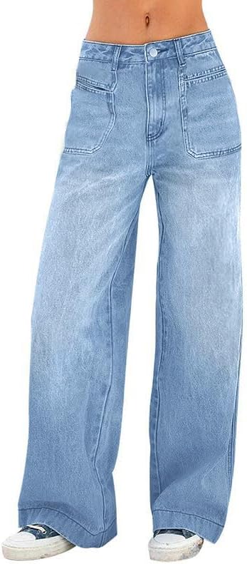 EMMIOL Women's Wide Leg Jeans Baggy Jeans Mid Waist Stretch Boyfriend Denim Pants Vintage Trousers with Pocket