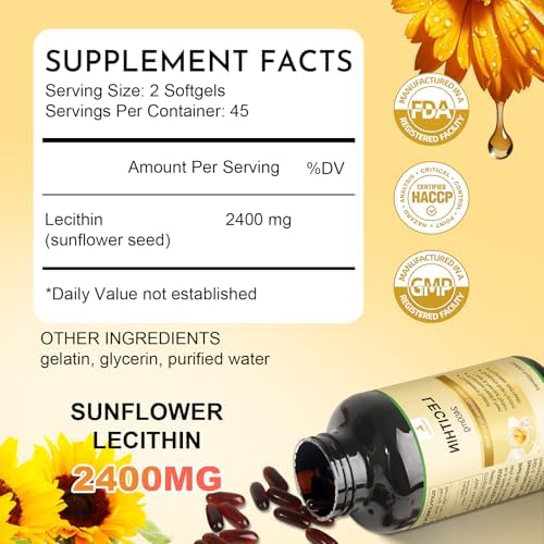 Sunflower Lecithin 2400mg 90 Softgels Rich in Phosphatidyl Choline, Non-GMO, Soy Free, Gluten Free Supplement Nervous System Support