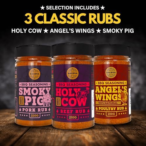 SALDVA Gift Selection of Premium BBQ Seasonings - Holy Cow, Angel’s Wings, Smoky Pig, Sweet Texas, Steak King & Adam's Ribs BBQ Rubs | Pack of 6 | 100% Natural | Spice Gift For Foodie