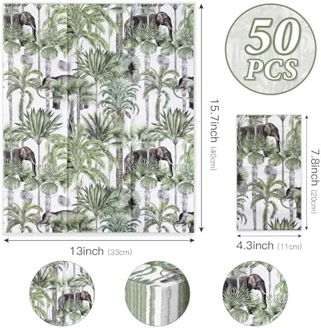 RUSPEPA Decorative Paper Hand Towels Jungle Elephant Disposable Napkins for Bathroom, Guest Room and Kitchen, 3 Ply 4.3" x 7.5" Folded Seasonal Dinner Decorative for Wedding, Baby Shower, 50 Packs