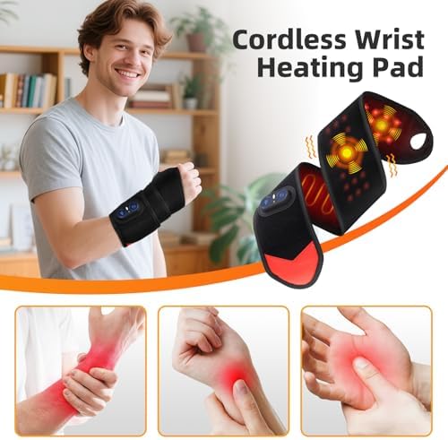 Cordless Wrist Hand Heating Pad Massage for Pain Relief, Rechargeable Heated Wrist Brace for Carpal Tunnel, Red Light Therapy Heated Wrist Massager Wrap for Arthritis, Black