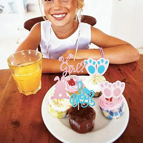 Rsstarxi 24 Pack Rabbit Easter Day Cupcake Toppers Boy or Girl Cupcake Toppers Glitter Pink or Blue Bunny Cupcake Picks for Easter Day Gender Reveal Theme Baby Shower Birthday Party Cake Decorations