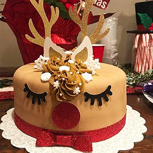 Saturey 2 Set Christmas Cake Topper Decorations Reindeer Antler with Eyelashes Nose Ear for Easter Xmas Party Decor Supplies