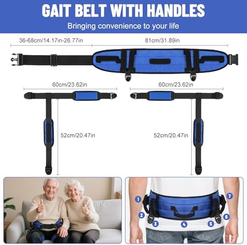 Rhino Valley Gait Belt with Leg Straps, Transfer Belts with 7 Handles, Gate Belts Medical for Elderly, Lifting Belt for Bariatric, Handicap, Physical Therapy Equipment, Blue & Black