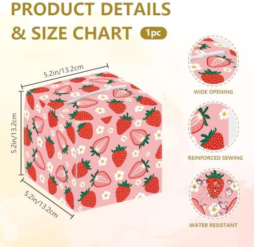 Sweet Strawberry Tissue Box Holder Leather Square Foldable Facial Paper Decorative Tissue Box Cover Paper Towel Case Organizer for Tabletop Bathroom Vanity Countertop Home Car Office