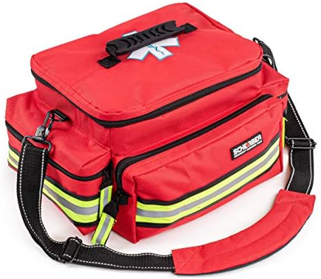 Scherber First Responder Fully-Stocked Professional Essentials EMT/EMS Trauma Kit | HSA/FSA Approved | Reflective Bag w/8 Zippered Pockets & Compartments & 200+ First Aid Supplies - Red