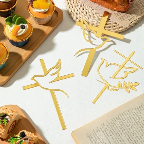 4 pcs Baptism Cake Toppers Acrylic Gold Dove Cross Cupcake Toppers Baptism First Communion Cake Decorations Supplies for Baby Shower Birthday Wedding Party Christian