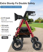 Rollator Walker with Seat,12" Front Wheels 10" Rear Rolling Walker, Extra-Wide Heavy-Duty Rollator Walker with Seat and Brakes for Seniors and Adults Bariatric with Large Aluminum (Red)