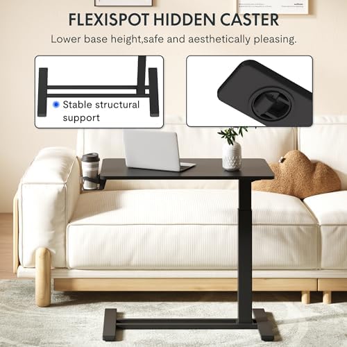 FLEXISPOT H7 Adjustable Overbed Bedside Table with Wheels Pneumatic Mobile Standing Desk Laptop Desk Rolling Computer Cart Movable Overbed Table Hospital Home Use(31.5" W x 17.7" D, Black Large)