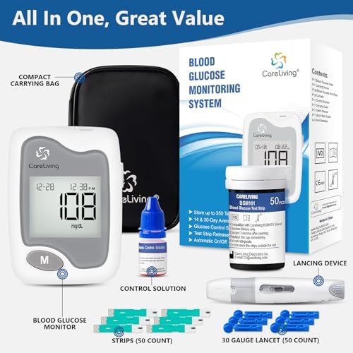 CareLiving Blood Glucose Monitor Kit, 50 Test Strips, 50 Lancets, 1 Blood Glucose Meter, 1 Lancing Device, Diabetes Testing Kit, Portable Blood Sugar Test Kit, Glucometer Kit for Home