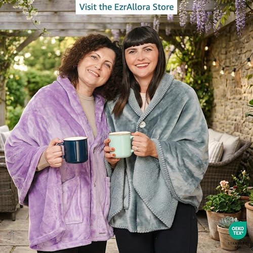 EzrAllora Premium Double Layer Wearable Blanket for Women -No Sleeves- Shawl with Pockets- Wrap Blanket- Gifts for Grandma (Powder Pink)