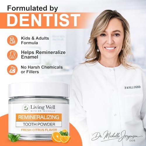 Living Well with Dr. Michelle Fresh Citrus Remineralizing Tooth Powder | Fluoride-Free Kids & Adults Formula | Hydroxyapatite for Enamel Support | Natural Ingredients for Stronger Smiles