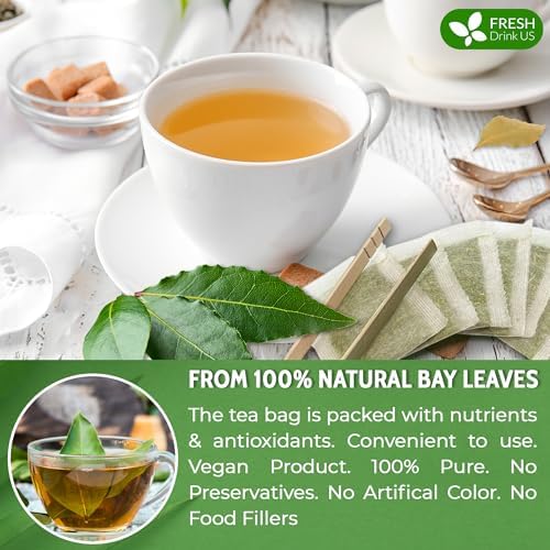 FRESHDRINKUS, Premium 40 Bay Leaf Tea Bags, 100% Natural & Pure from Bay Leaves. Loose Leaf Bay Herbal Tea. Made with Natural Material Tea Bags, No Sugar, No Caffeine, No Gluten, Vegan.