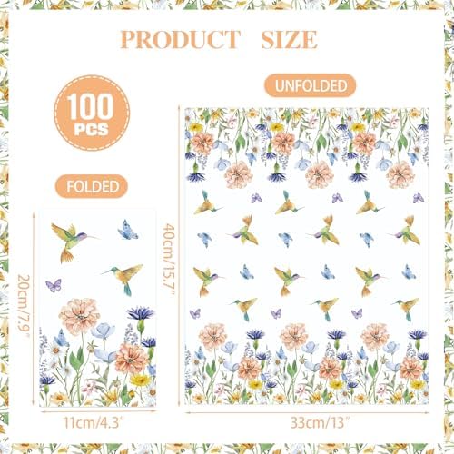 100PCS Floral Paper Napkins 3 Ply Disposable Hand Towels,Wildflower Hummingbird Paper Guest Napkins Dinner Napkins for Wedding Bridal Baby Shower Birthday Tea Party Home Table Decor