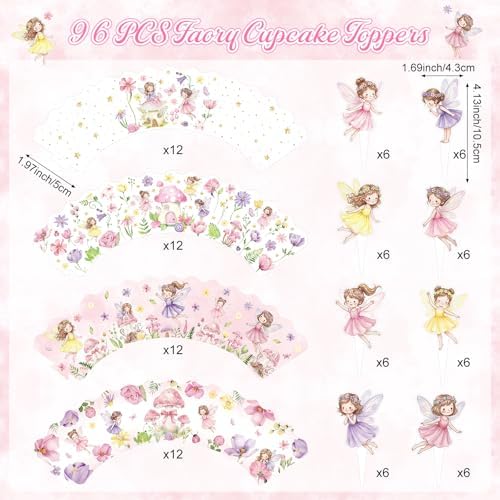96 PCS Fairy Cupcake Topper Decoration - Birthday Party Cupcake Wrappers Decor Wing Ballet Dancer Cake Pink for Bridal Shower Birthday Party Supplies