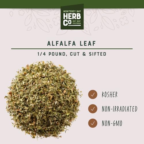 Alfalfa Leaf Cut & Sifted, by Herb Co, Non-GMO, Non-Irradiated, for Herbal Teas, Soups & Smoothies, Bright Earthy Flavor, Kosher, 1/4 lb