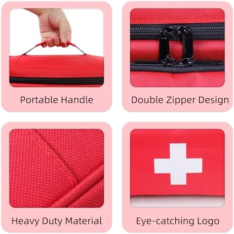 First Aid Bag Empty First Aid Kit Storage Box 12" x 9" x 7" Medical Bag Portable Pill Bottle Organizer Case for Car, Travel, Office, Outdoor, Camping, Hiking, School (Red)