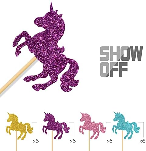 MonMon & Craft 24 Pcs Unicorn Cupcake Toppers / Baby Shower & Children's Birthday / Silver & Gold Glitter