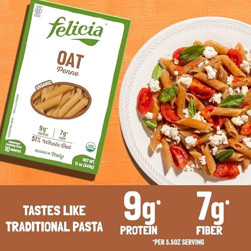 Felicia Gluten Free Pasta, Oat Penne, Organic Multigrain Noodles, Good Source of Fiber, Designed in Italy, Plant Based, Non GMO, 12 Oz, 6 Boxes