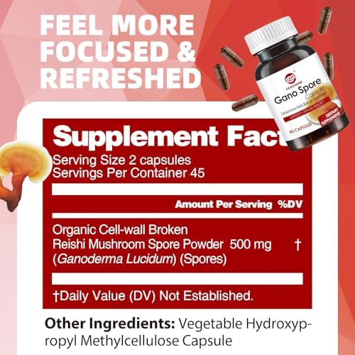 Organic Reishi Mushroom Capsules with 100% Ganoderma Lucidum Reishi Spore Powder for Boost Immune System, Vegan, All Natural, Non-GMO & Gluten Free, 90 Veggie Capsules